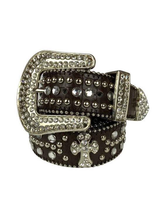 Ladies Western Rhinestone Belt Size S/M Brown Faux Leather Crosses Bling Cowgirl main image 4